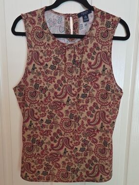 Chaps Camel Dressy Tank Top with Burgundy Paisley Print